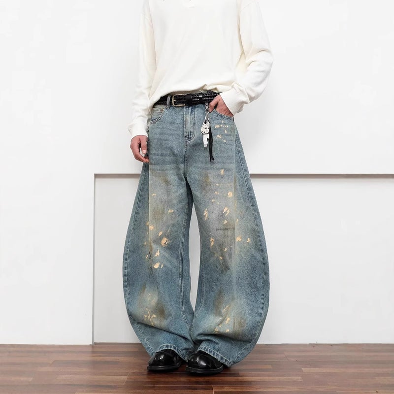 American Retro Splatter Distressed Scimitar Jeans Unisex Ins Niche Trendy Brand Hip-Hop Baggy Loose Long Pants - Image 3